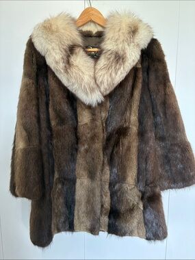 Classic Brown Muskrat Coat with White Fox Fur Collar